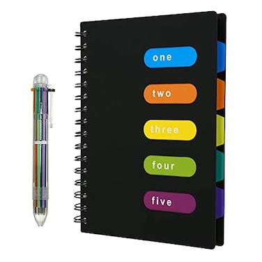 Kesote KESOTE Spiral Notebook with Divider Tabs Professional Notebooks for Work School Wide Ruled 5 Subject 63 94 Tabbed Notebook Journal with Pen 300 Pages Black