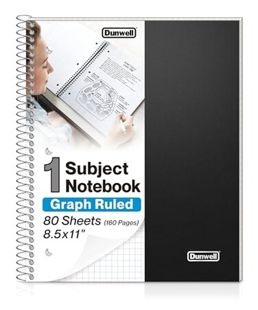 Dunwell Graph Paper Notebook 85 x 11 Plastic Cover 80 Sheets 4x4 Ruled 1 Subject Spiral 14 Inch Grid Graphing Notebook Divider with Pockets Perforated Pages 3Hole Punched