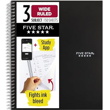 Five Star Spiral Notebook Study App 3 Subject Wide Ruled Paper 8 x 1012 150 Sheets Black 73094