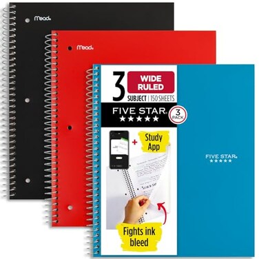 Five Star Spiral Notebook Study App 3 Pack 3 Subject Wide Ruled Paper 8 x 1012 Tidewater Blue Fire Red Black 930081