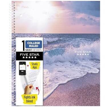 Five Star Spiral Notebook Study App 1 Subject College Ruled 812 x 11 80 Sheets Fights Ink Bleed Water Resistant Cover Ocean Tide 820443FECM