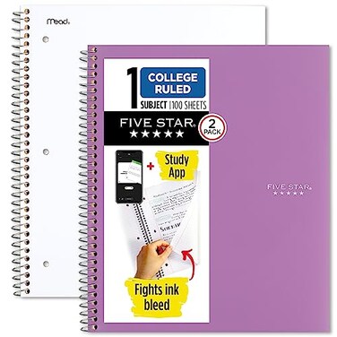 Five Star Spiral Notebook Study App 1 Subject College Ruled Paper 812 x 11 100 Sheets White Amethyst Purple 2 Pack 820186