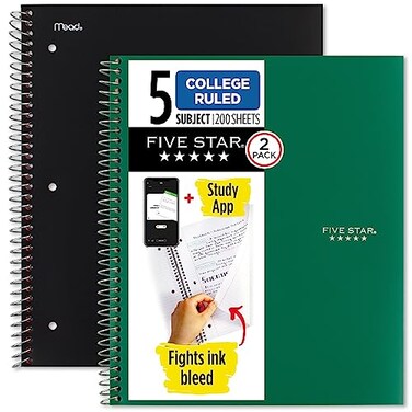 Five Star Spiral Notebook Study App 5 Subject College Ruled Paper 11 x 812 200 Sheets Black Forest Green 2 Pack 820190