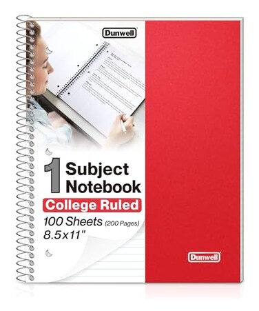 Dunwell 1 Subject Notebook College Ruled Red Spiral Notebook 85x11 for School 100 Sheets 200 Pages Protective Plastic Cover 2Pocket Divider One Subject Note Book 8 12 x 11