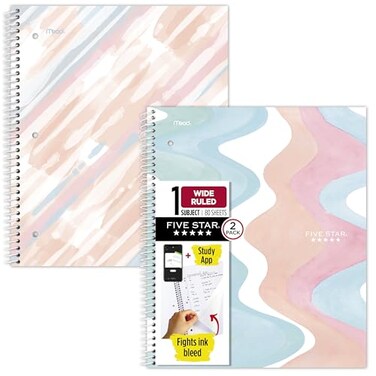 Five Star Spiral Notebook Study App 2 Pack 1 Subject Wide Ruled 8 x 1012 80 Sheets Fights Ink Bleed Water Resistant Cover Pastel Waves and Brush Strokes 930210FECM