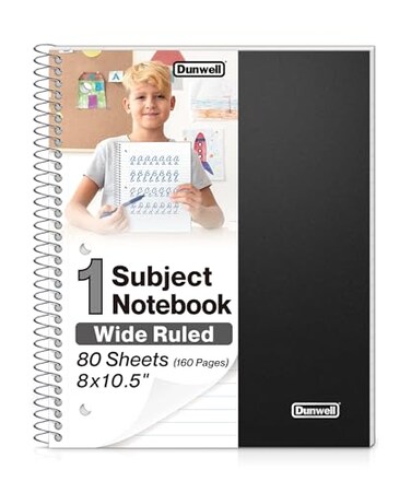 Dunwell 1 Subject Notebook Plastic Cover 80 Sheets Spiral Notebook Wide Ruled 8x105 Paper 3Hole Punched TearOff Pages Divider with Pockets