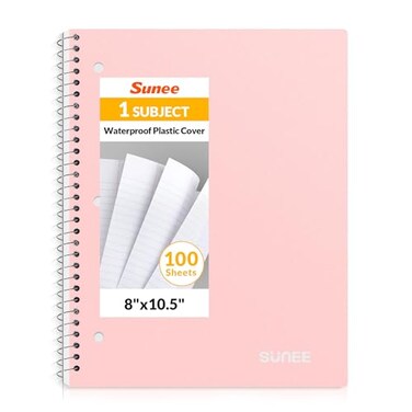 SUNEE Spiral Notebook 1Subject College Ruled Paper 8 x 1012 100 Sheets per Notebook 3Hole Punched Paper Water Resistant Cover Doublesided Pockets Spiral Lined Notebooks for Work Pink