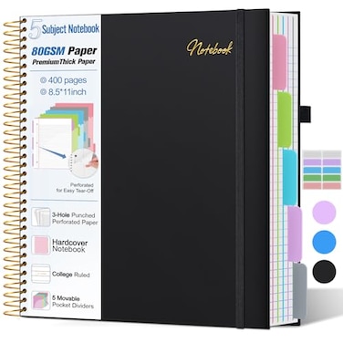 MUAHLIUB 5 Subject Notebook College Ruled80GSM Paper Thick Hardcover Spiral Notebook Lined Journal with Removable Dividers Tabs400pages 85x11 Paper Large Notebooks for School Work3Hole Punched Black