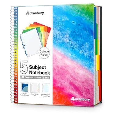 CRANBURY 5Subject Notebook College Ruled Movable Pocket Dividers with Tabs 200 Sheets 400 Pages 85x11 Paper Colorful Spiral Notebook Protective Plastic Covers Multi Subject