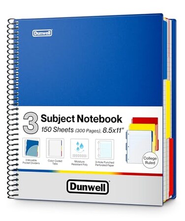 Dunwell 3Subject Spiral Notebook College Ruled 85x11 Blue 150 Sheets 300 Pages Tabs Colorful Movable Divider Pockets Fit 85 x 11 Content FrontBack Plastic Covers 3Hole Perforated Pages