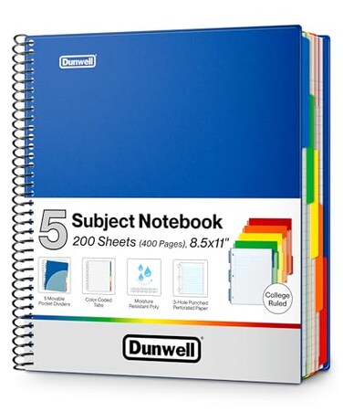 Dunwell 5Subject Spiral Notebook College Ruled Blue Colorful Movable Pocket Dividers with Tabs FrontBack Plastic Covers 200 Sheets 400 Pages of 3Hole Punch Perforated 85x11 Paper