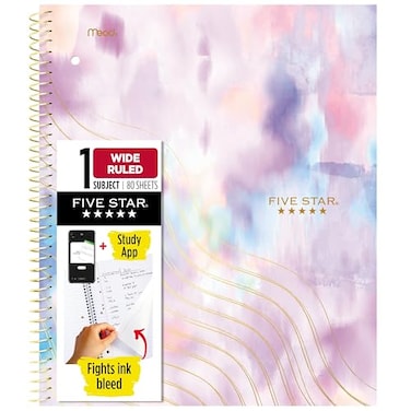Five Star Spiral Notebook Study App 1 Subject Wide Ruled 8 x 1012 80 Sheets Fights Ink Bleed Water Resistant Cover Pastel Tie Dye 930210FECM