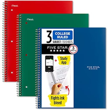 Five Star Spiral Notebook Study App 3 Pack 3 Subject College Ruled Paper Fights Ink Bleed Water Resistant Cover 812 x 11 150 Sheets Green Red Blue 820193
