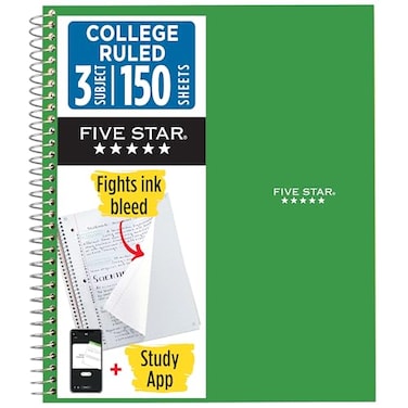 Five Star Spiral Notebook Study App 3 Subject College Ruled Paper Fights Ink Bleed Water Resistant Cover 812 x 11 150 Sheets Green 72067