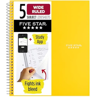 Five Star Spiral Notebook Study App 5 Subject Wide Ruled Paper 8 x 1012 200 Sheets Fights Ink Bleed Water Resistant Cover Harvest Yellow 73469