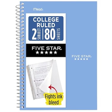 Five Star Spiral Notebook 2 Subject College Ruled Paper 6 x 95 80 Sheets Blue Color May Vary 840029CG1