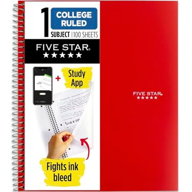 Five Star Spiral Notebook Plus Study App 1 Subject College Ruled Paper 100 Sheets 812 x 11 Fire Red 72053