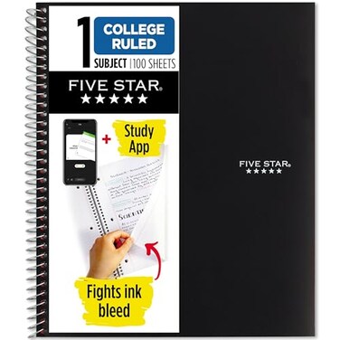 Five Star Spiral Notebook Plus Study App 1 Subject College Ruled Paper 100 Sheets 812 x 11 School Black 72057