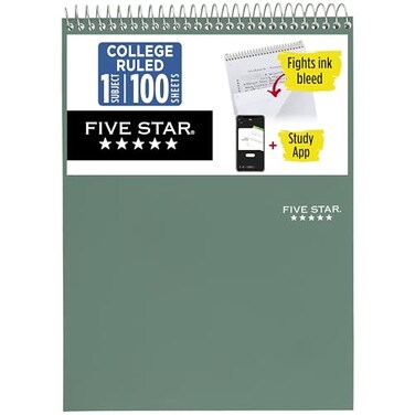 Five Star Top Spiral Notebook Study App 1 Subject College Ruled Notepad 812 x 11 100 Sheets Fights Ink Bleed Water Resistant Cover Seaglass Green 820058CECM