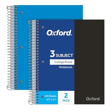 Oxford 3 Subject Spiral Notebook Notebooks for School Plastic Covers Back to School Supplies College Ruled 150 Sheets 2 Pack Black and Blue 1009293