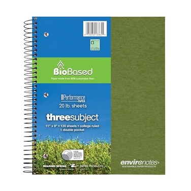 ROARING SPRING Roaring Spring Environotes Recycled Spiral Notebook 3 Subject 11 x 9 120 Perforated Sheets 20 lb BioBased Paper College Ruled w Margin Assorted Earthtone Covers Double Pocket 2 Dividers