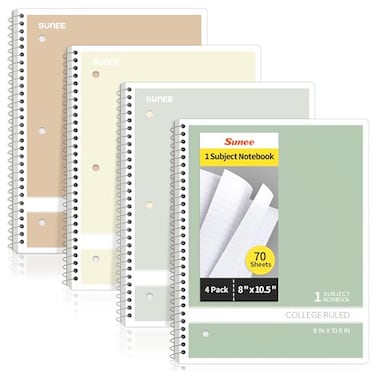 SUNEE Spiral Notebooks College Ruled 1Subject 4 Pack 8 x 1012 inch 70 Sheets per Notebook 3Hole Punched Paper Green Grey Beige Red for Work Home School Writing Journal