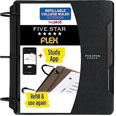 Five Star Flex Refillable Notebook Study App College Ruled Paper and 112 Inch TechLock Ring Binder with Pockets Tabs and Dividers 300 Sheet Capacity Black 29324AA2
