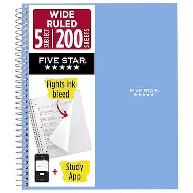 Five Star Spiral Notebook Study App 5 Subject Wide Ruled Paper 8 x 1012 200 Sheets Fights Ink Bleed Water Resistant Cover Tidewater Blue 73196