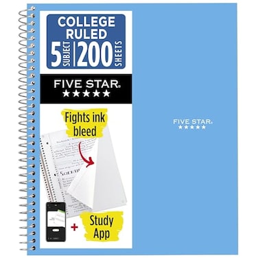 Five Star Spiral Notebook Study App 5 Subject College Ruled Paper 812 x 11 200 Sheets Fights Ink Bleed Water Resistant Cover Pacific Blue 73635