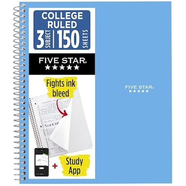 Five Star Spiral Notebook Study App 3 Subject College Ruled Paper 85 x 11 150 Sheets Blue Color May Vary 820003NH0