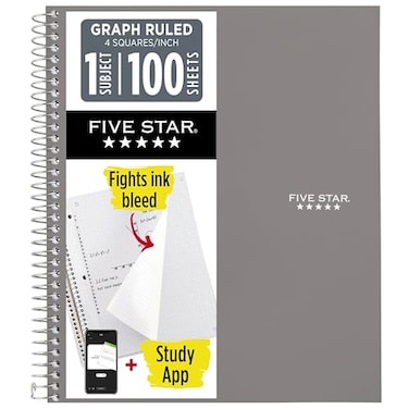 Five Star Spiral Notebook Study App 1 Subject Graph Ruled Paper 812 x 11 100 Sheets Fights Ink Bleed Water Resistant Cover Gray 620000AA3