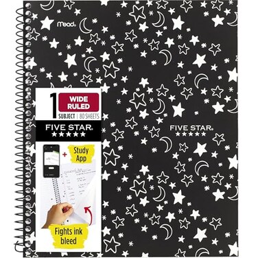 Five Star Spiral Notebook Study App 1 Subject Wide Ruled 8 x 1012 80 Sheets Fights Ink Bleed Water Resistant Cover Black Stars Glow in the Dark 930020F