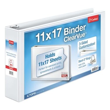 Cardinal SlantD Ring 11 x 17 Tabloid ClearVue Binders 3 Rings 63 Recycled White