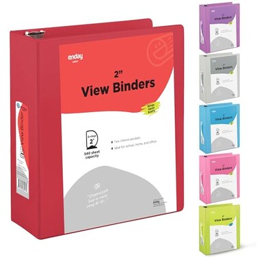 Enday 2 Inch 3 Ring Binder Red Heavy Duty Three Ring Binder 480 Sheets Capacity 15 Inch Binder for Home School and Office