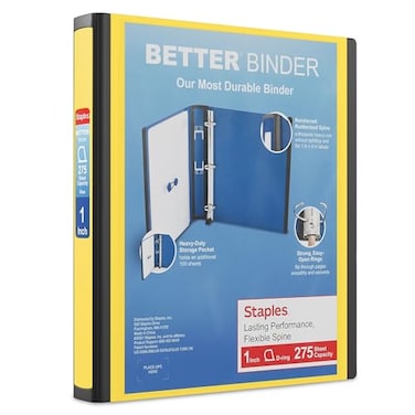 STAPLES Staples Better View 1Inch DRing Binder Yellow Durable 3Ring Binder with Clear Overlay for School Office
