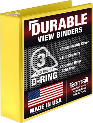 Samsill Durable 3 inch 3 Ring Binder D Ring Binder 100 Recycled Chipboard Yellow