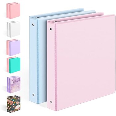 Sooez 2 Pack BinderX Extra Durable 3 Ring Binder 1 Inch Binder Round Rings Fits 350 Sheets of 85x11 Paper Customizable View Cover with Inside Pockets Cute 1 Inch Binders 3 Ring Pink Blue
