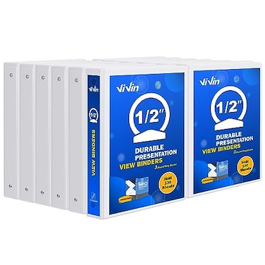 ViVin 3 Ring Binder 12 Inch Sturdy 05Round Ring Binder with 2 Interior Pockets Clear View Cover PVCFree Fits 100 Sheets of 85 x 11 Paper Office Home School 12 Pack White