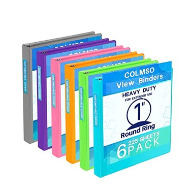 COLMSO 3 Ring Binders1 Inch Binder Round Ring Customizable Clearview Binder for School Home Office Pink Blue Green Purple Gray Orange 6Pack