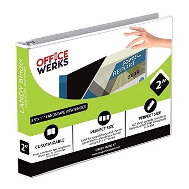 Ring Binder 85 X 11 Landscape View Binder 3Ring 2 Inch Capacity Round Ring White Horizontal Formatted with Clear Cover Pockets for Documents Spreadsheets Projects and More