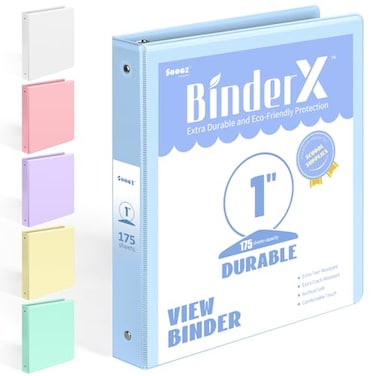 Sooez BinderX Extra Durable 3 Ring Binder Round Ring 1 Inch Binders Fits 175 Sheets of 85x11 Paper Customizable View Cover with Inside Pockets Cute 1 Binder School Supplies for Girls Blue