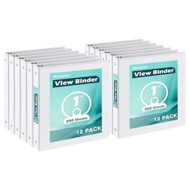 Heture 3 Ring Binder 1 Inch 12 Pack 1 Clear View with Round Rings PVCFreeHolds for 200 Sheets 85 x 11 US Letter Size Paper Durable White Binders Perfect for OfficeSchool and Home