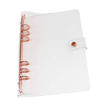 MEI YI Personal A5 Transparent PVC Binder Cover Clear Soft PVC Notebook Shell Rose Gold 6 Rings Protector with Snap Button Closure Loose Leaf Folders Personal A5 Clear Cover Rose Gold Binder