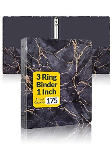 SUNEE 3 Ring Binder 1 Inch Cute Binder with 2 Pockets Decorative Black Marble Heavy Duty Fit 85x11 Inches for School Office