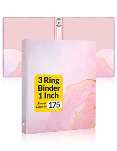 SUNEE 3 Ring Binder 1 Inch Cute Binder with 2 Pockets Decorative Pink Marble Three Ring Heavy Duty Fit 85x11 Inches for School Supplies Office Supplies