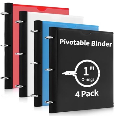 Tashkummy 360 Degree Pivotable Binder Upgraded 3 Ring Binder 1 inch 4 Pack Flexible Binders 3 Ring Foldable Three Ring Binders Black White Blue Red