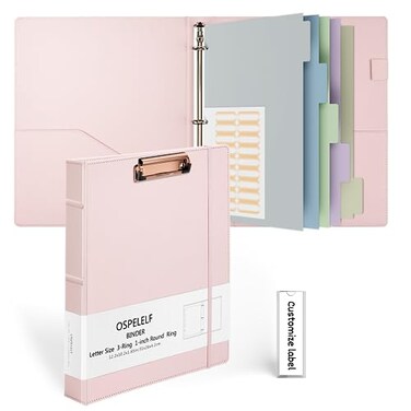 Ospelelf 3 Ring Binder with Clipboard 1 Inch Leather Binder for Letter Size 85 x 11 Clipboard Binder with 5 Tab Dividers for School Office Pink