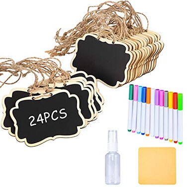 YZ&LIANGYUAN 24 Pcs Reusable Mini Wood Chalkboards with Hanging String Erasable DoubleSided Blackboard for Message Board Signs Weddings Place Cards Birthday Parties Table Numbers Plants