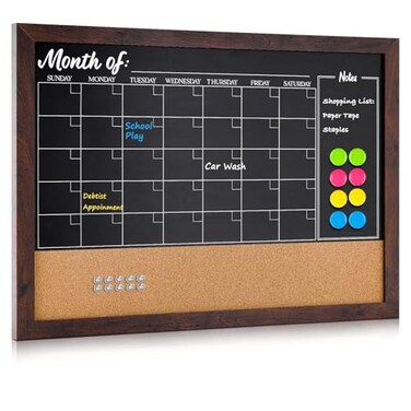 4 THOUGHT Chalkboard Calendar Corkboard Combo 24 x 36 Large Bulletin Board Magnetic Calendar Chalkboard for Wall Combination Board Monthly Planner Rustic Brown Frame 4 Markers 8 Magnets 10 Pushpins