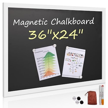 Board2by Rustic Wood Framed Magnetic Chalkboard 24 x 36 Large Hanging Chalk Board Sign for Kids NonPorous Wall Blackboard for Wedding Kitchen Restaurant Menu and Home with 4 Unique Magnets White